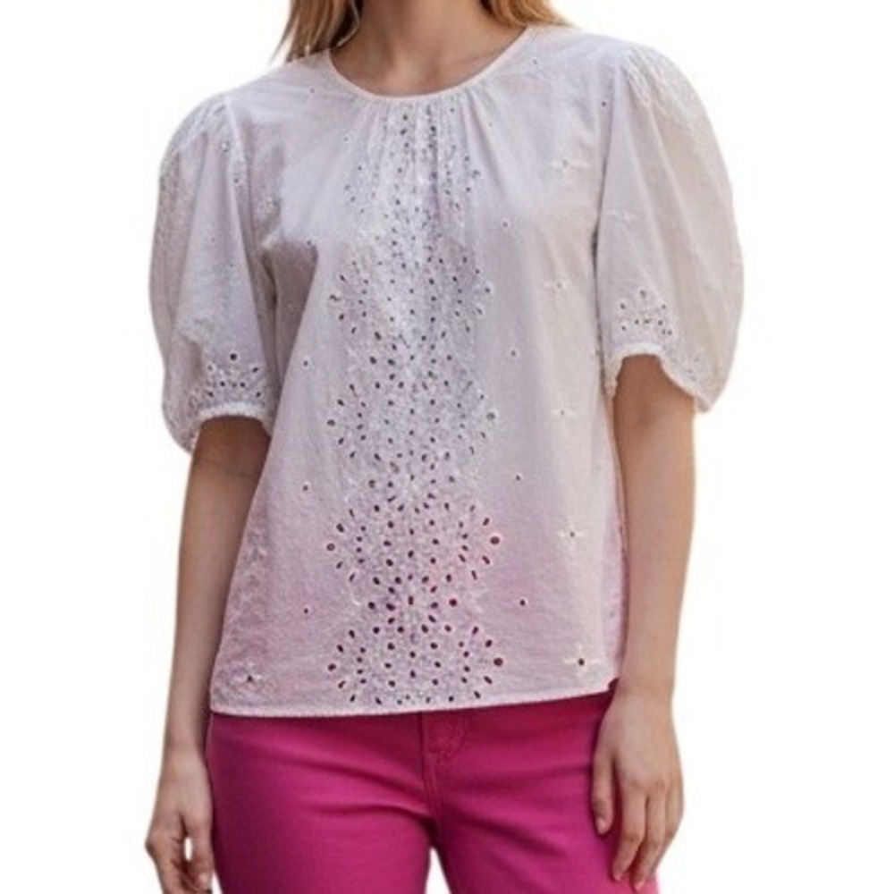 EXPRESS‎ Bright White Eyelet Puff Sleeve Floral Embroidered Blouse Top EUC Small
